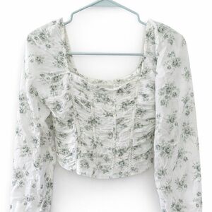 Hollister White and Green Floral Blouse